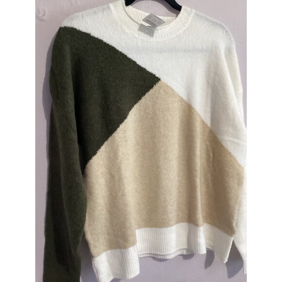 J. Crew Factory Green Beige Colorblock Merino Wool Blend Boxy Pullover Sweater S - Picture 3 of 6